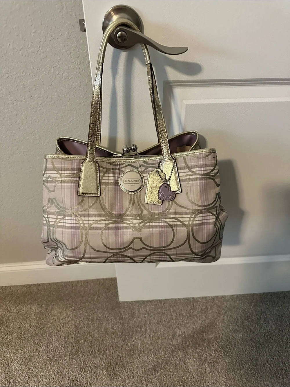 Coach Lavender Plaid Tote with Metallic Gold Trim